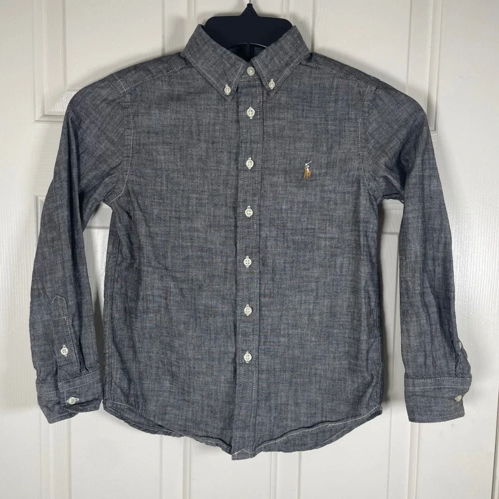 Polo Ralph Lauren Boys Gray Chambray Button Down Shirt Size Small 8 Long Sleeve